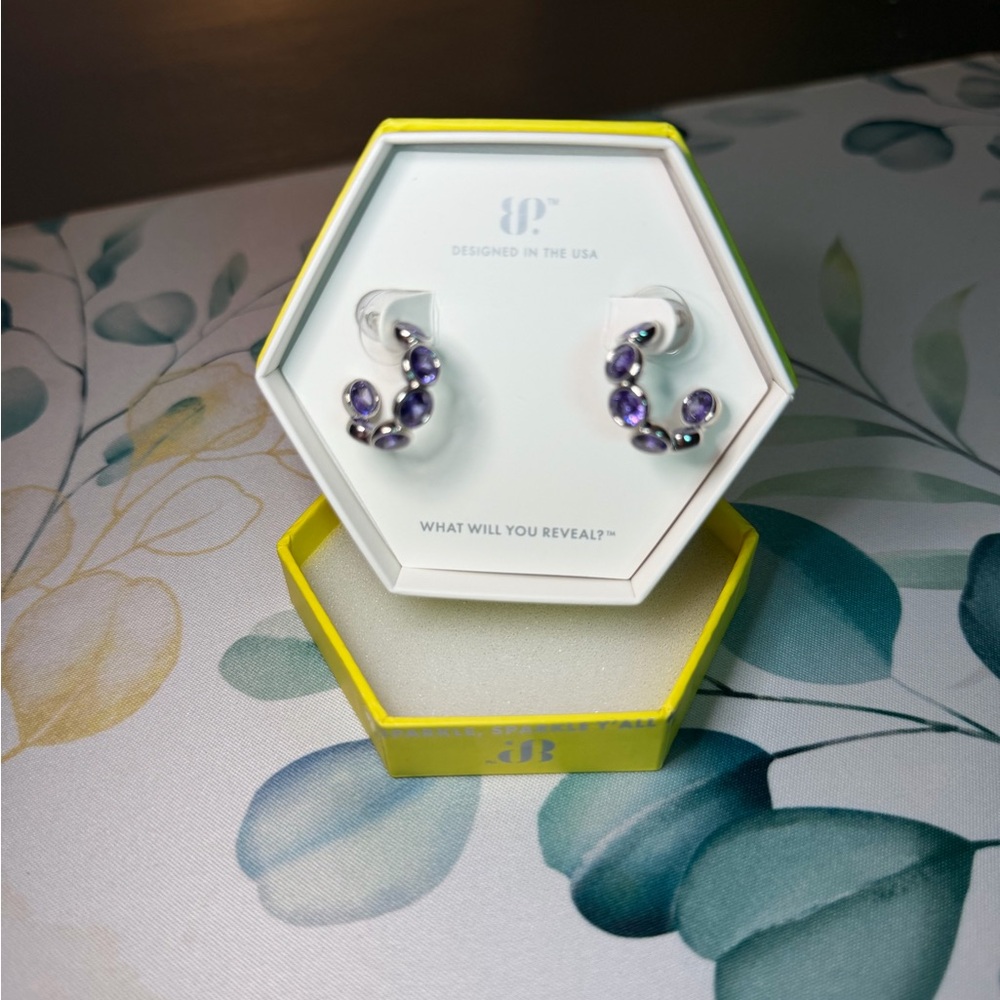 Rhodium Plating Hoop Earrings with Dark Purple Topaz CZ